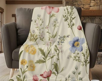 Wildflower Sherpa Blanket, Cottagecore Floral Velveteen Throw Gift