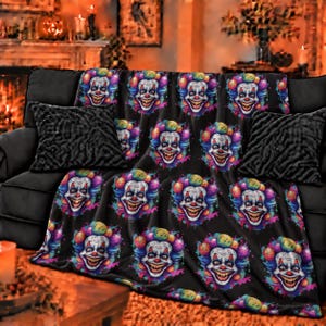 Neon Clown Face Sherpa Blanket, Halloween Clowncore Velveteen Throw Bed Decor