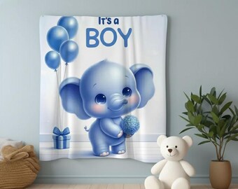 Personalized Baby Boy Elephant Blanket: Blue Nursery Decor, Velveteen Throw