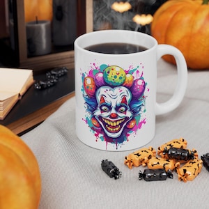 Scary Clown Coffee Mug, Creepy Clowncore Aesthetic Horror Tea Cup ,Circuscore Spooky Halloween, Neon Clown Art 11oz Ceramic Mug