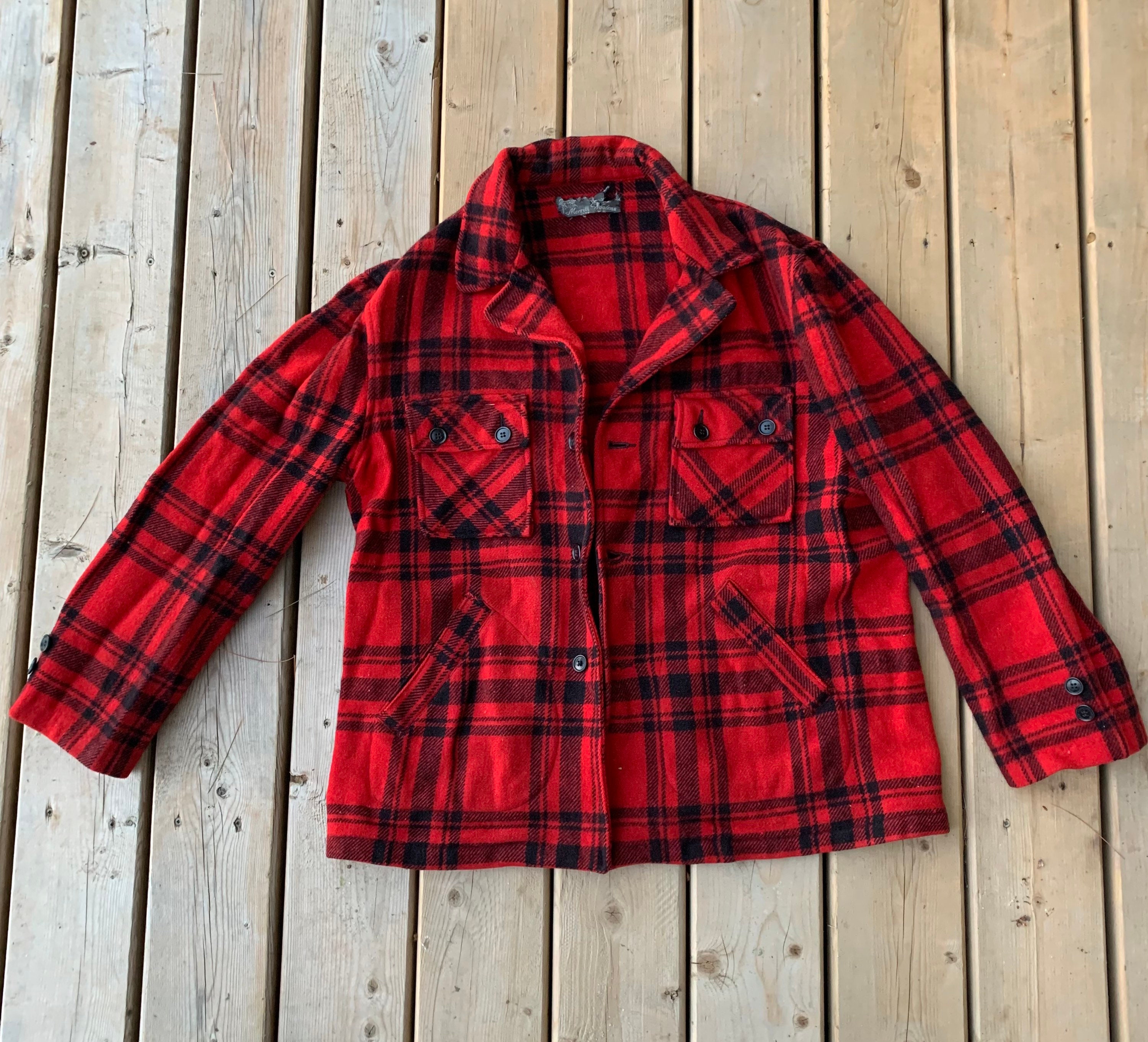 ジャケット・アウター 40s Merril Woolens Shadow Plaid Wool JKT Merrill Woolens Red Shadow Plaid 3 Button Blazer Jacket