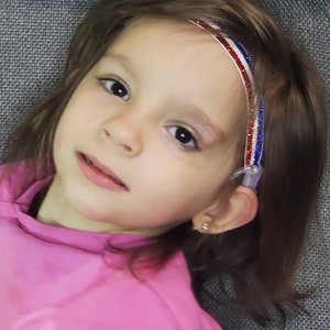 Red ,white, blue ombree glitter  headband, for hearing aids and cochlear implant compatible