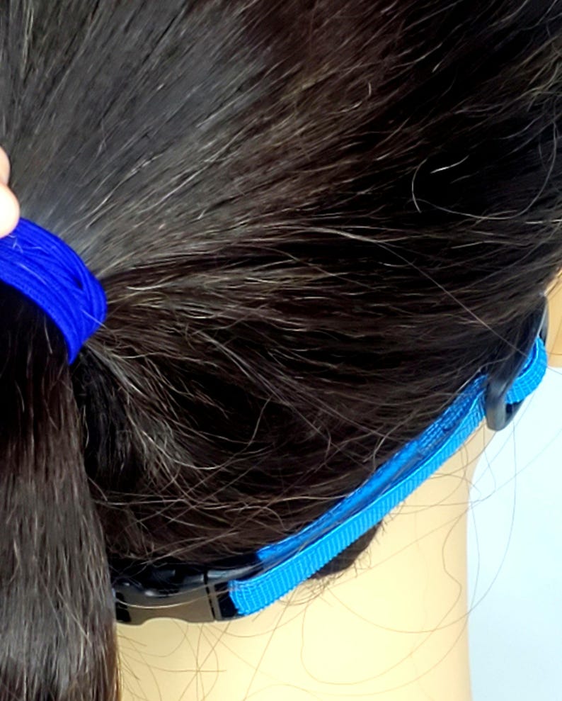 May include: A blue strap with black buckles. The strap is designed to hold glasses or goggles in place.