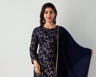 Navy Blue Kurta and Sharara set with Dupatta with Golden foil print