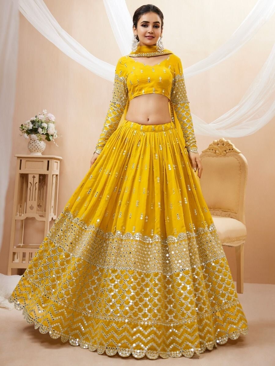 Buy Yellow and red banarasi silk wedding lehenga in UK, USA and Canada |  Saree dress, Lehenga designs, Lehenga choli with price