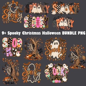 May include: A digital collection of Halloween and Christmas themed graphic designs featuring ghosts, pumpkins, bats, trees, and bows. The text 9+ Spooky Christmas Halloween BUNDLE PNG is displayed centrally among various illustrations of spooky motifs.