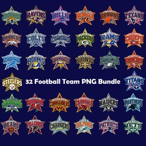 Peut inclure: Une collection numérique de 32 logos d'équipes de football professionnel, chacun encadré dans une forme d'étoile et disposé sur un fond bleu foncé. Le texte 32 Football Team PNG Bundle est centré en blanc, entouré par les divers emblèmes.