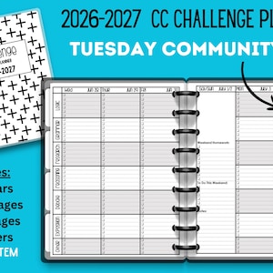May include: A 2026-2027 CC Challenge Student Planner with a black and white cross-patterned cover. The planner is shown open to a weekly layout with columns for subjects like Logic, Grammar, and Research, featuring checkboxes and space for notes.