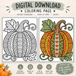 May include: A digital download coloring page featuring two pumpkin illustrations. One is a black and white line drawing, and the other is a colored version with orange, green, and brown tones. Both pumpkins feature intricate patterns and heart motifs.