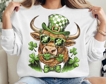 Highland Cow St. Patrick's Day PNG, Retro St. Patty's Day Design, Coquette Irish Lucky PNG, St. Patrick's Day Irish PNG