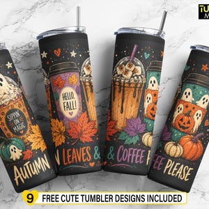 May include: Four black cylindrical tumblers with lids and straws, featuring colorful autumn-themed graphics including ghosts, pumpkins, coffee cups, and maple leaves. Text on the tumblers includes "Sippin on Magic," "Hello, Fall," "Autumn," "Leaves," and "Coffee Please."