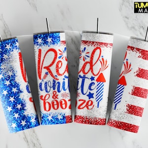 May include: Four red, white, and blue glitter tumblers with a patriotic theme. The tumblers feature the text "Red, White & Booze" and fireworks.