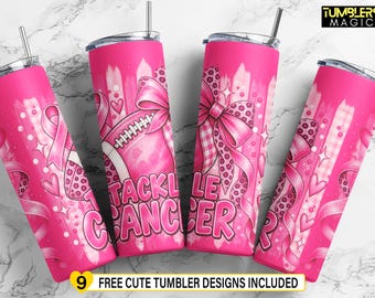 Könnte beinhalten: Vier pinke Becher mit Deckeln und Strohhalmen, verziert mit einem Football, großen Schleifen, Herzen und dem Text TACKLE CANCER. Das Design umfasst Leopardenmuster, Karomuster und Bandmotive in verschiedenen Pinktönen. TUMBLERS MAGIC Logo ist sichtbar.