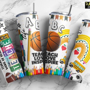 Teacher Tumbler, Teacher Love Inspire 20 Oz Skinny Tumbler Sublimation, Seamless Back to School Teacher Gift PNG, Digital Download