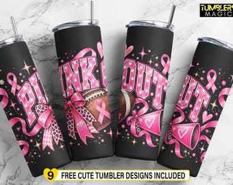 Könnte beinhalten: Vier schwarze Edelstahlbecher mit Deckeln und Strohhalmen, verziert mit einem rosa gepunkteten 'PINK OUT'-Motiv, Footballs, Cheerleader-Megafonen, Schleifen mit Leopardenmuster und rosa Schleifen zur Sensibilisierung für Brustkrebs.
