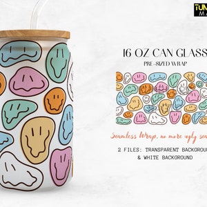 Groovy Glass Can, Happy Faces Retro 16oz glass can png diseño para sublimación, Groovy Pattern descarga digital PNG