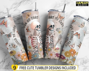 My Last Flying F*ck Tumbler, 20 oz Skinny Tumbler Template, Retro Floral Skull Tumbler Sublimation, Sarcastic Skeleton Digital Download