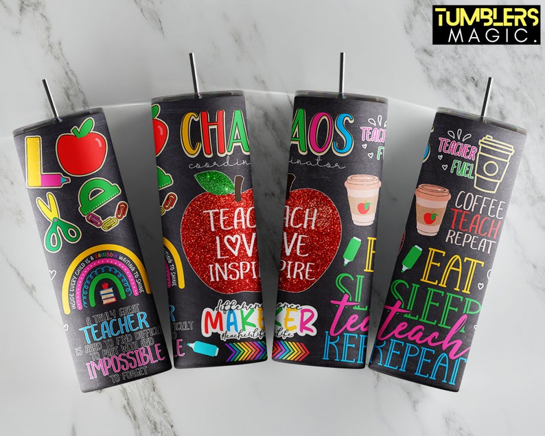 May include: Set of five black and white teacher-themed tumblers with colorful designs and text. The tumblers feature phrases like "Teacher Fuel", "Teach Love Inspire", "Chaos Coordinator", and "Eat Sleep Teach Repeat".