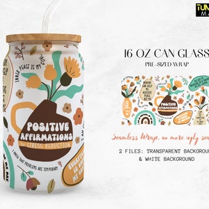 Positive Affirmations Glass Can, Self care 16oz glass can png design for sublimation, Self-love, Groovy, Confident, Inspire digital download