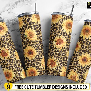 Leopard Sunflower Tumbler Wrap, Tumbler Template Sublimation, Floral Wrap PNG File, Gold Glitter Digital Download, Straight & Tapered
