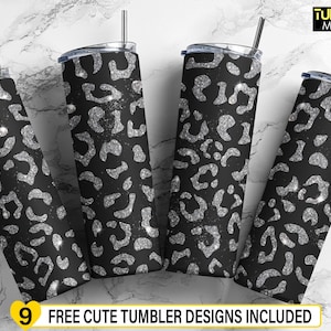 Silver Leopard Tumbler Wrap, Silver Glitter Sublimation, Tumbler Template PNG, Leopard Print Digital Download, Straight & Tapered