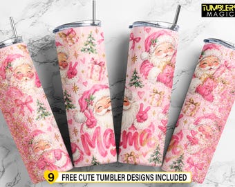 Könnte beinhalten: Vier zylindrische Becher mit Metallstrohhalmen, die ein rosa Weihnachtsmuster mit dem Weihnachtsmann, Geschenken und dem Wort Mama zeigen. Das Design enthält Glitzerakzente sowie den Text TUMBLERS MAGIC und 9 FREE CUTE TUMBLER DESIGNS INCLUDED.