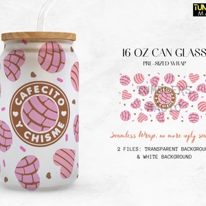 Cafecito Y Chisme Can Glass, lata de vidro de 16 onças png para sublimação, Coffee Concha Libbey Can Glass, Pink Starbucks Tumbler download digital