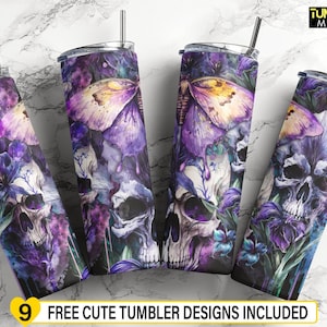 Skull Pink Purple Flower Tumbler, 20 oz Tumbler Sublimation, Floral Skull Tumbler, Halloween Creepy Digital Download