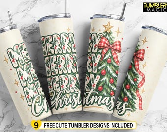 Könnte beinhalten: Vier zylindrische Becher mit Deckeln und Strohhalmen auf cremefarbenem Hintergrund. Die Designs zeigen den wiederholten grünen Schriftzug Merry Merry Christmas, einen geschmückten Tannenbaum mit roten Kugeln, einen goldenen Stern und ein rot kariertes Band.