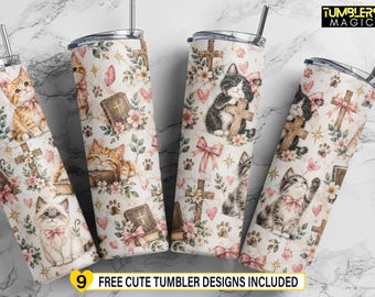 Könnte beinhalten: Vier zylindrische Becher mit Metallstrohhalmen mit einem sich wiederholenden Muster aus Kätzchen, Holzkreuzen, Bibeln, rosa Schleifen, Herzen und Blumen auf cremefarbenem Grund. Der Text TUMBLERS MAGIC und 9 FREE CUTE TUMBLER DESIGNS INCLUDED ist sichtbar.