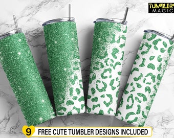 Green Leopard Tumbler Wrap, Emerald Glitter Sublimation, Tumbler Template PNG File, Leopard Print Digital Download, Straight & Tapered