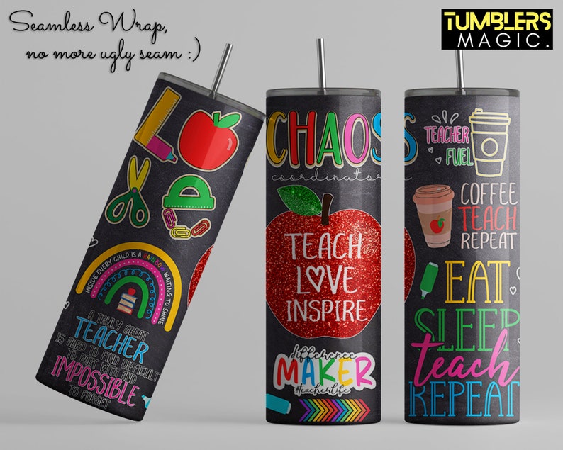 May include: Three black and white teacher-themed tumblers with colorful designs. The tumblers feature sayings like "Chaos Coordinator", "Teacher Fuel", and "Coffee Teach Repeat".