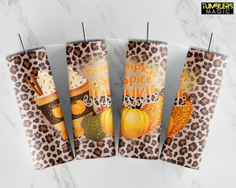 May include: Four stainless steel tumblers with a leopard print design. The tumblers feature fall-themed graphics with the text "Pumpkin Spice Latte" and images of pumpkins and coffee.