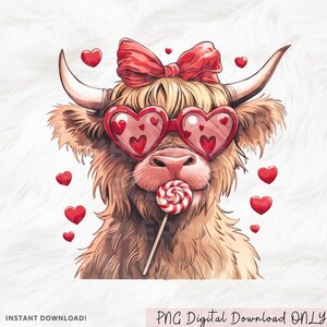 Valentine Highland Cow PNG | Valentine Coquette Png | Cute Heart Glasses Digital Sublimation Design, Retro Highland Cow Digital Download