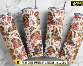 Weihnachtsmotiv mit Leoparden-Dackel (20 oz) für Becher (PNG), niedliche Dackel-Weihnachtsmütze, rosa Weihnachts-Sublimationsdruck, digitaler Download für schmale Becher