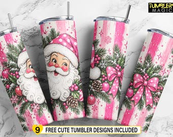 Könnte beinhalten: Vier zylindrische Becher mit Deckeln und Strohhalmen in einem rosa-weiß gestreiften Muster. Das Design zeigt Illustrationen vom Weihnachtsmann, Tannenzweigen, Tannenzapfen, rosa Kugeln, Schneeflocken und gepunkteten Schleifen. Text: TUMBLERS MAGIC.