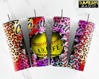 Softball life Tumbler, 20 oz Skinny Tumbler, Leopard Tumbler Sublimation, Softball Tumbler Digital Download