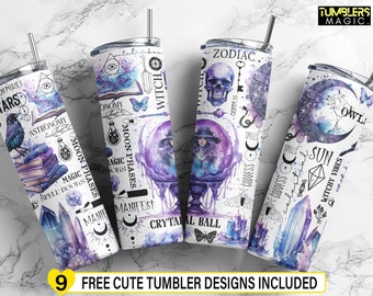 May include: Nine different designs for tumblers featuring a witchy theme. The designs include illustrations of moons, stars, crystals, owls, spells, and zodiac signs. The designs are in shades of purple, blue, and white.
