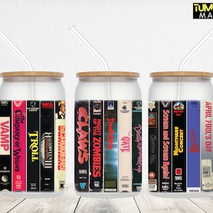 Horror Movies Collection Can Glass, Halloween 16oz glass can png, Realistic Old School VHS Sublimation digital download