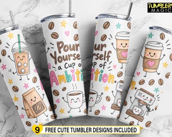 Könnte beinhalten: Vier weiße zylindrische Becher mit Metallstrohhalmen, die ein wiederkehrendes Muster aus Cartoon-Kaffeetassen, Kaffeebohnen und bunten Sternen zeigen. Der Text lautet Pour Yourself a Cup of Ambition. Das Design umfasst eine Kaffeetüte und eine Kaffeemaschine.