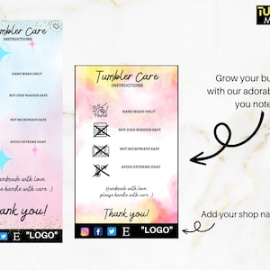 May include: Two rectangular tumbler care instruction cards featuring watercolor backgrounds in blue, pink, and yellow. The cards display icons for hand wash only, not dishwasher safe, not microwave safe, and avoid extreme heat, with text saying Thank you.