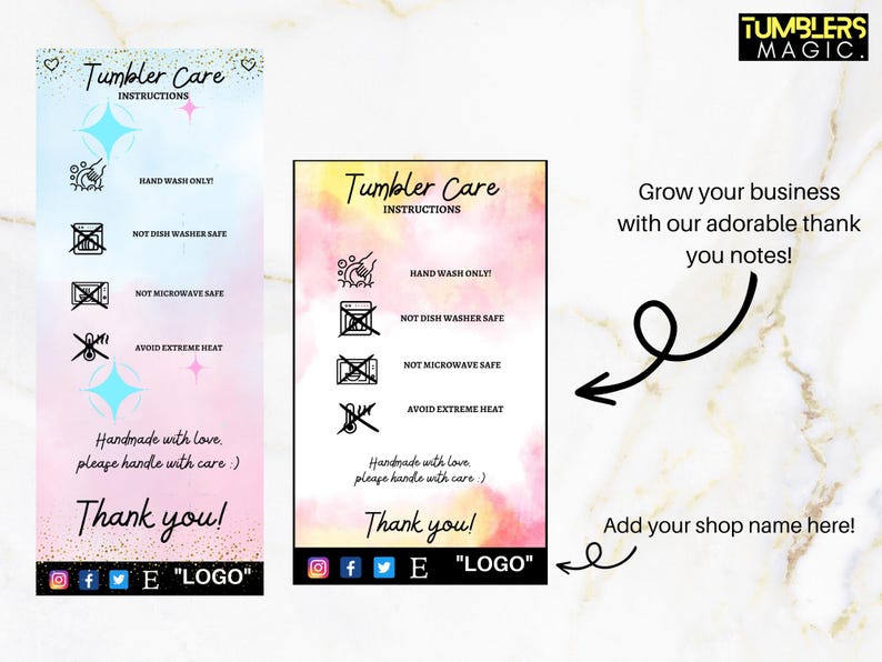 May include: Two rectangular tumbler care instruction cards featuring watercolor backgrounds in blue, pink, and yellow. The cards display icons for hand wash only, not dishwasher safe, not microwave safe, and avoid extreme heat, with text saying Thank you.