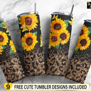 Sunflower Leopard Tumbler Wrap, Gold Glitter Sublimation, Sunflower Template PNG File, Leopard Print Digital Download, Straight & Tapered