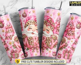 Könnte beinhalten: Vier zylindrische Becher mit Deckeln und Strohhalmen, verziert mit rosa-weißem Streifenmuster, Leopardenmuster-Weihnachtsmännern, rosa Weihnachtsbäumen, Leoparden-Weihnachtskugeln, Geschenken, goldenen Sternen und dem Schriftzug MERRY.