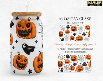 Pumpkin Ghost 3D Glass Can, Halloween 16oz glass can png design for sublimation, Pumpkins Pattern digital download PNG