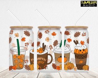 Fall Vibes Can Glass, Pumpkin Spice 16oz glass can png design for sublimation, Autumn Season Drinks Sublimation digital download