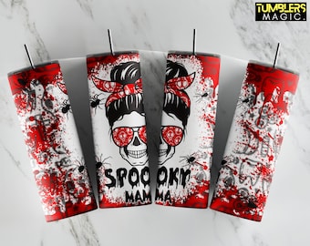 Halloween Tumbler, 20 oz Skinny Tumbler, Spooky Mama Tumbler PNG, Messy Skull Mom Sublimation, Digital Download
