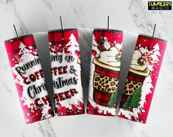 May include: Four stainless steel tumblers with black lids and straws. The tumblers feature a red and black plaid pattern with white accents and Christmas-themed designs, including text that reads "Running on Coffee & Christmas Cheer."