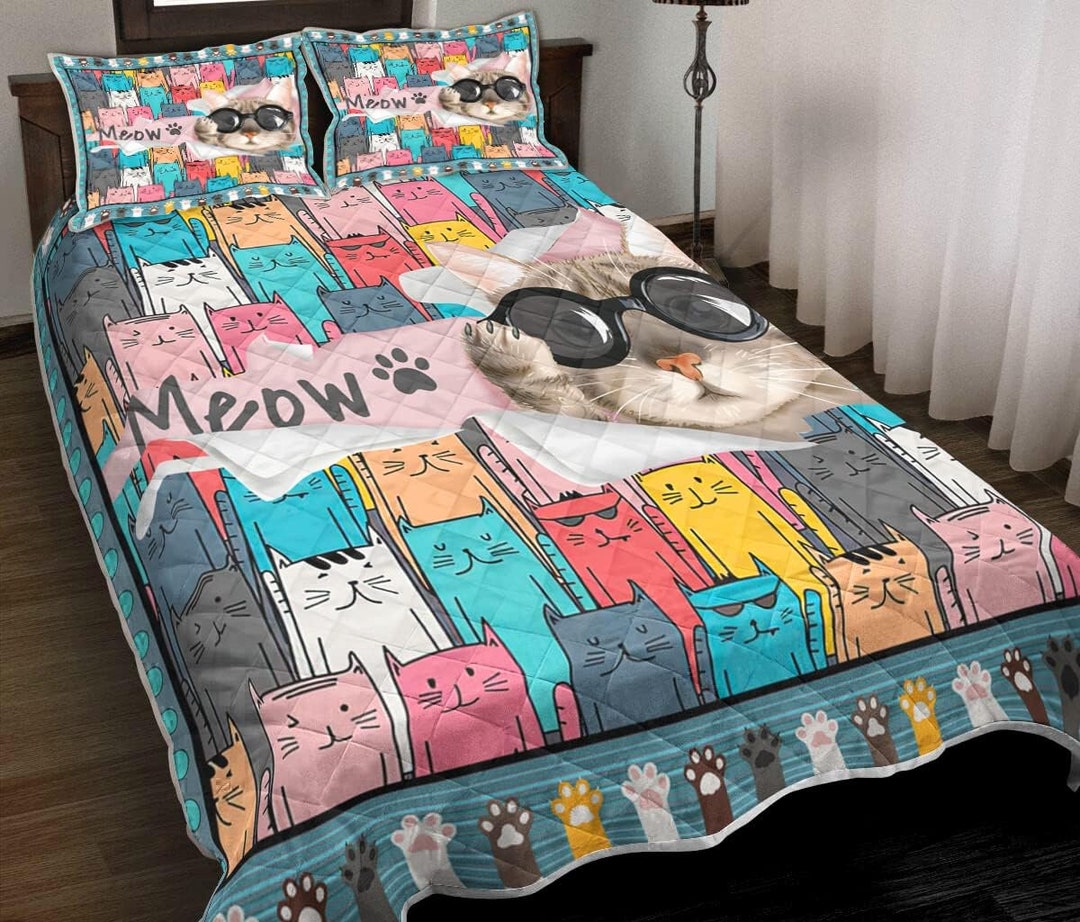 Cute Cat Quilt Bedding Set Cat Sheets Kitten Bedding Animal Etsy