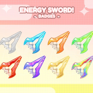 Pode incluir: Um conjunto de dez emblemas de espada de energia coloridos. Os emblemas têm a forma de uma espada com uma lâmina brilhante. As cores dos emblemas são prata, azul, laranja, verde, vermelho, roxo, ouro e arco-íris.